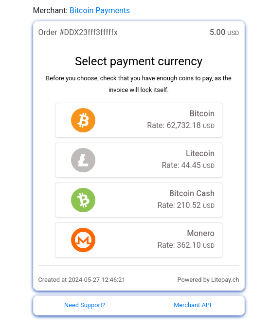 Invoice page showing a list of accepted cryptocurrencies to choose from